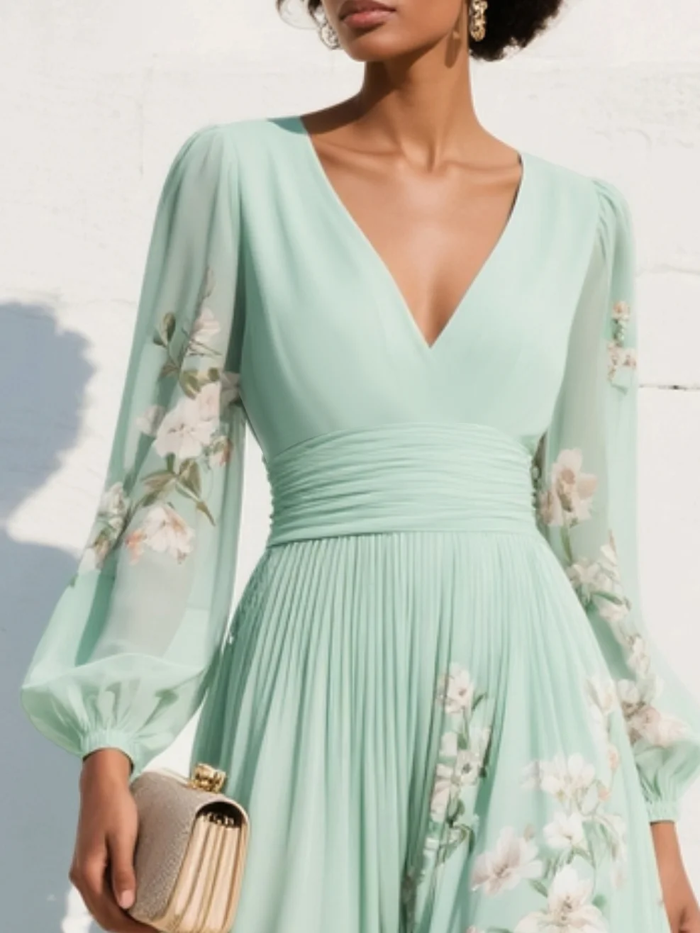 Floral long sleeve midi dress – light green defined waist close up