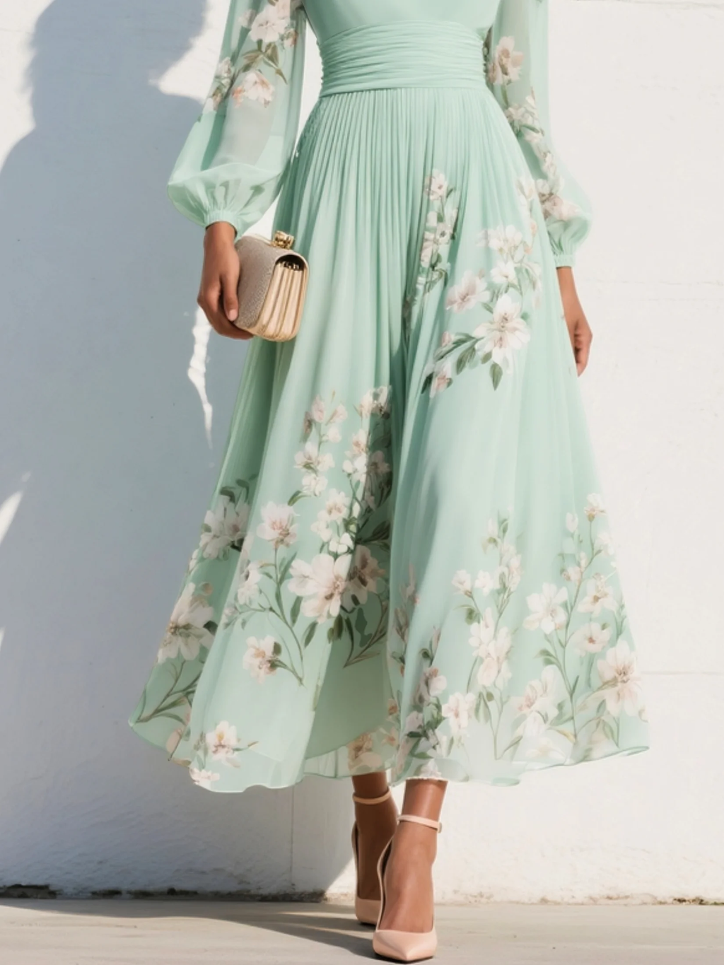 Women's floral pleated midi dress in light green – skirt close up view