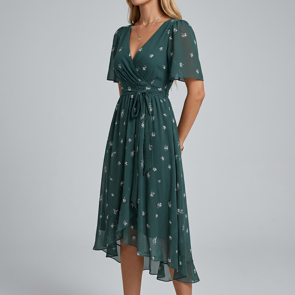 Women's floral midi summer dress with flutter sleeves, front view
