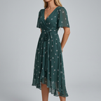 Women's floral midi summer dress with flutter sleeves, front view