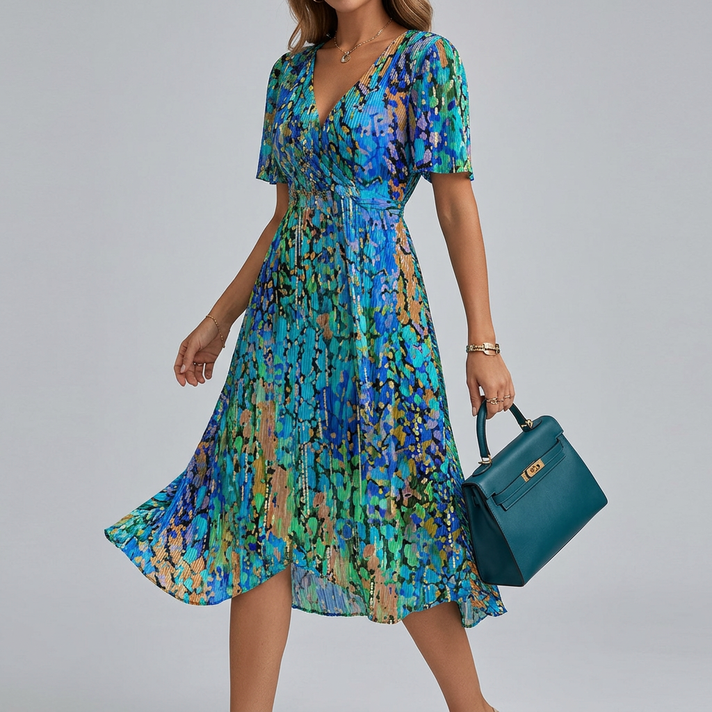 Floral midi dress with gathered bodice and drawstring waist, side view