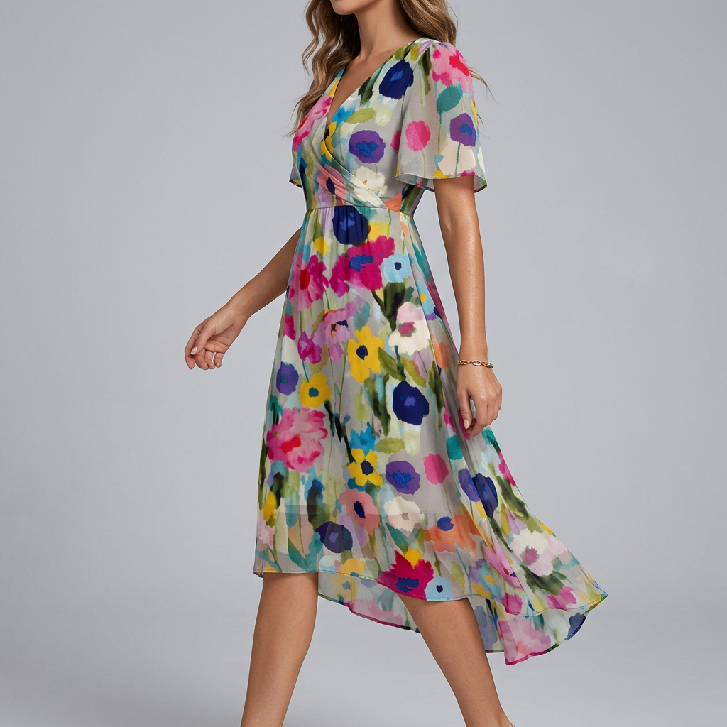 Flutter sleeve floral midi dress back view