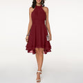 Halter neck midi dress with ruffle skirt in red, front view