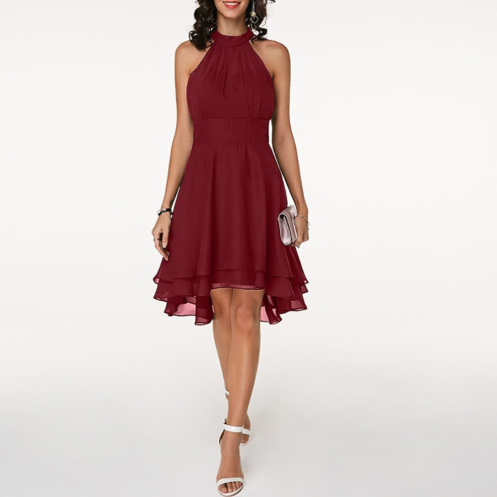 Halter neck midi dress with ruffle skirt in red, front view