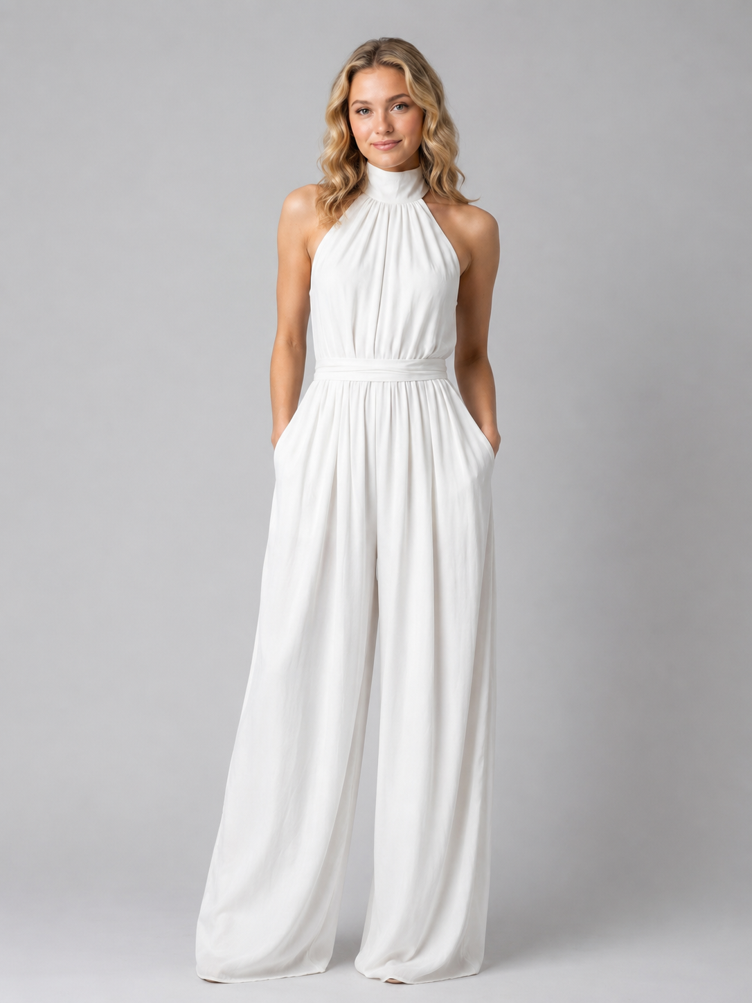 Women's halter neck wide leg jumpsuit front view white flowing