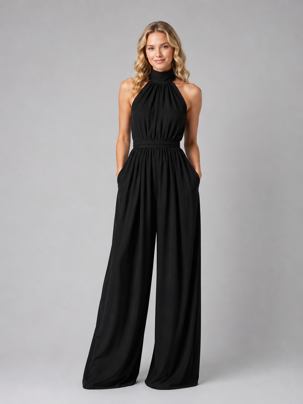 Halter neckline detail close-up white jumpsuit