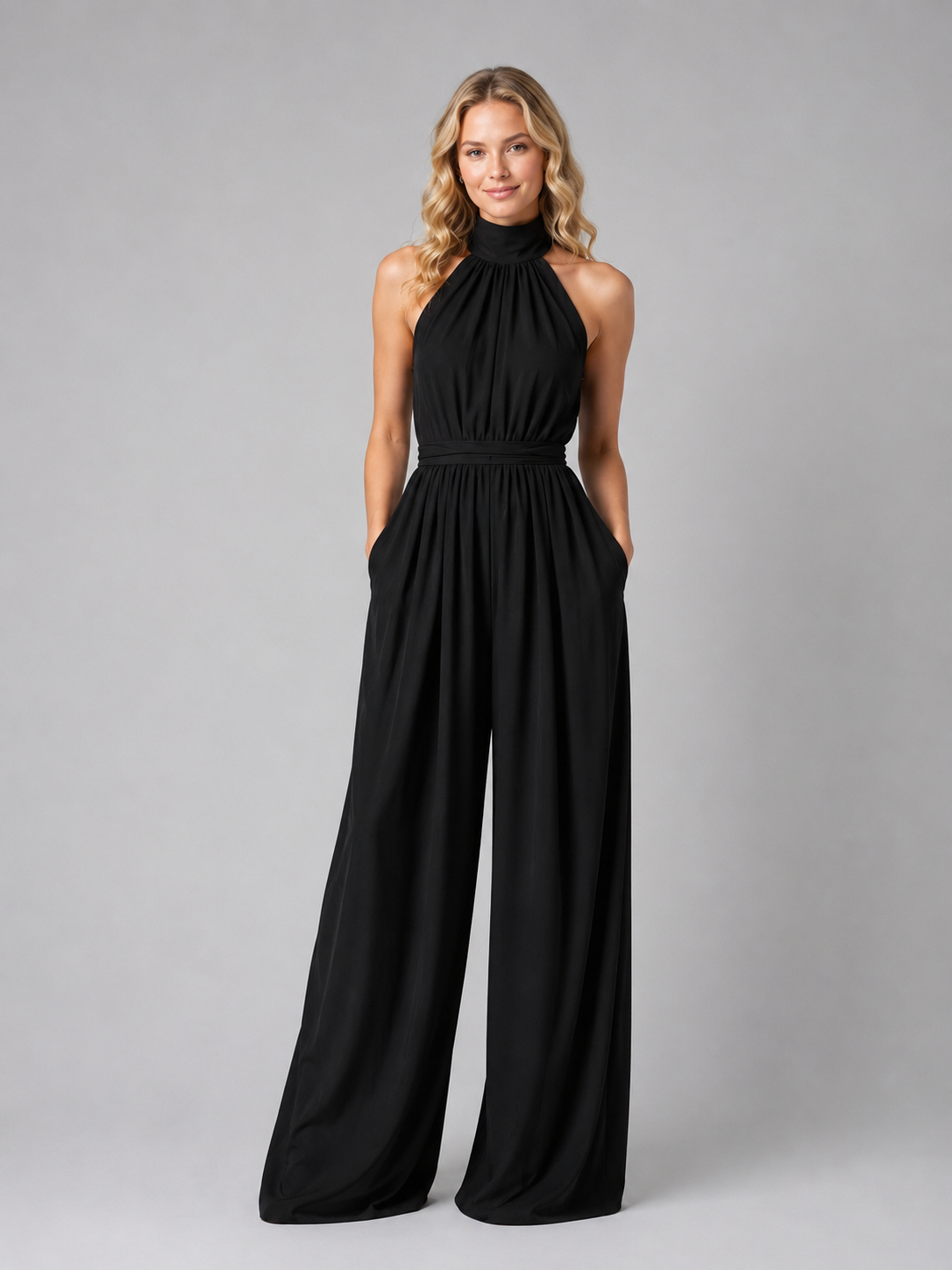 Halter neckline detail close-up white jumpsuit