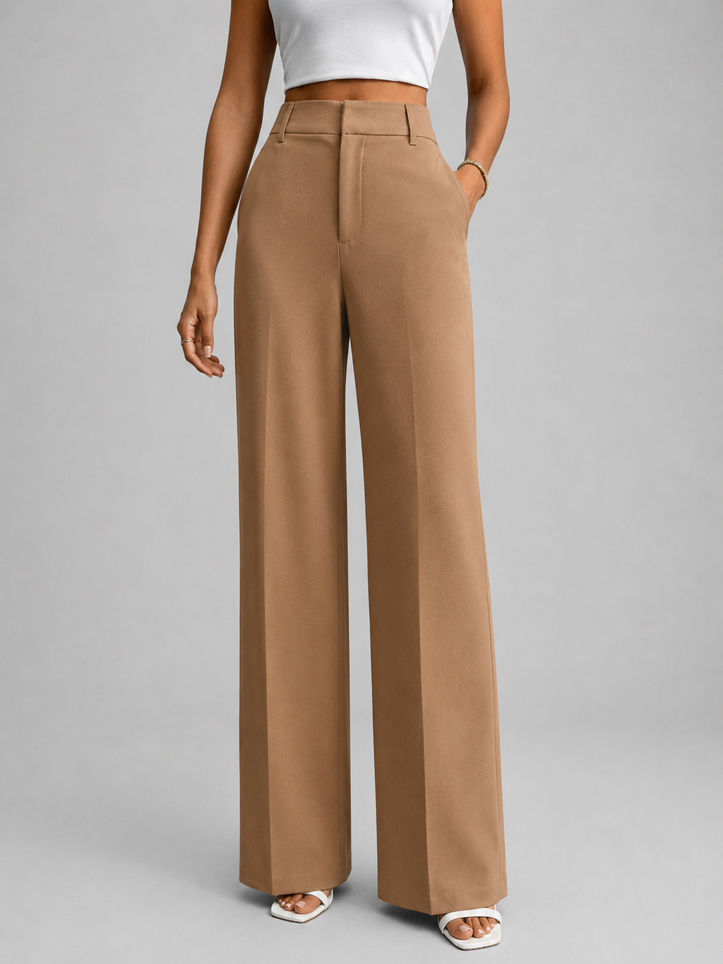 Camel high-waist wide-leg work trousers, front view