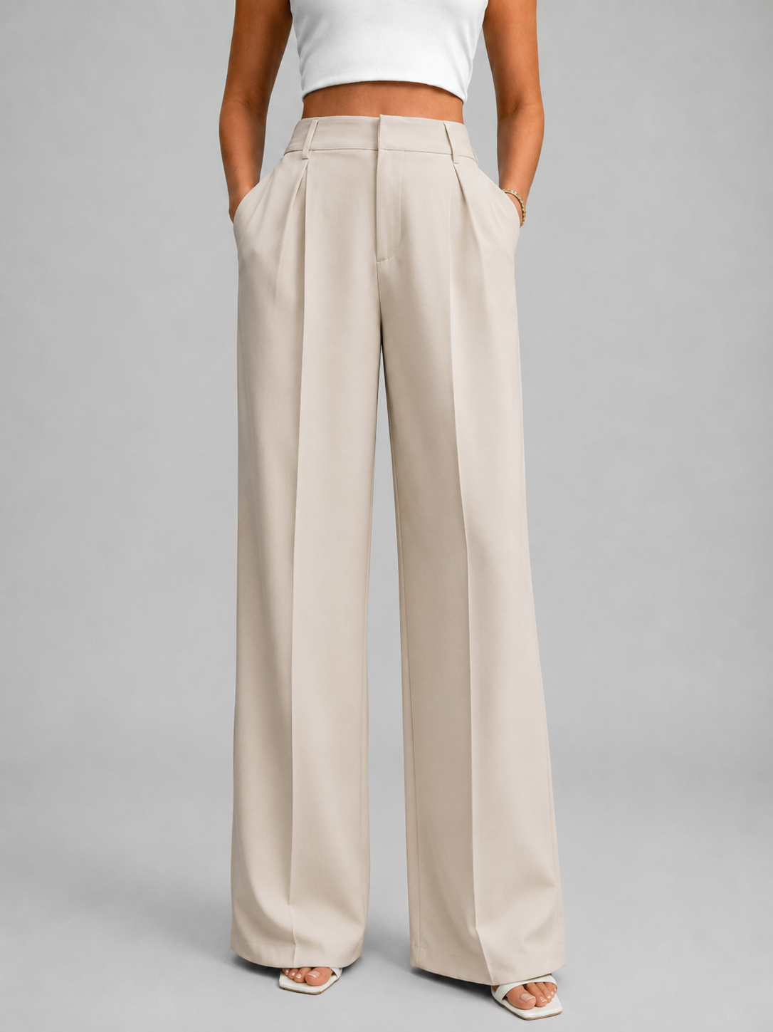 High-Waist Wide-Leg Work Trousers with Pleat Front
