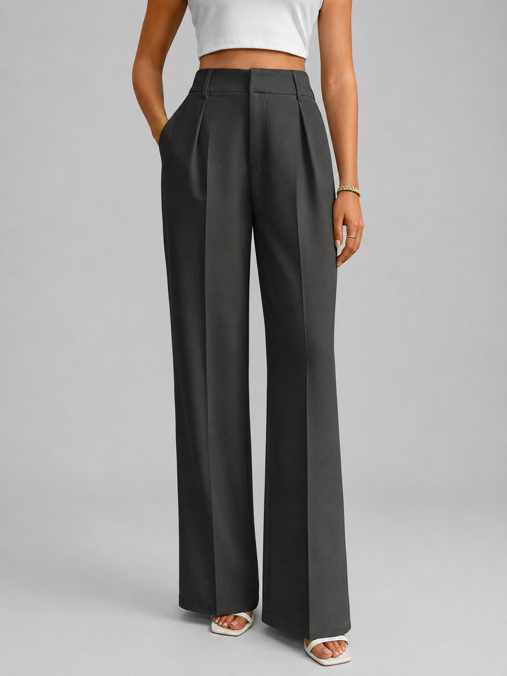 High-Waist Wide-Leg Work Trousers with Pleat Front