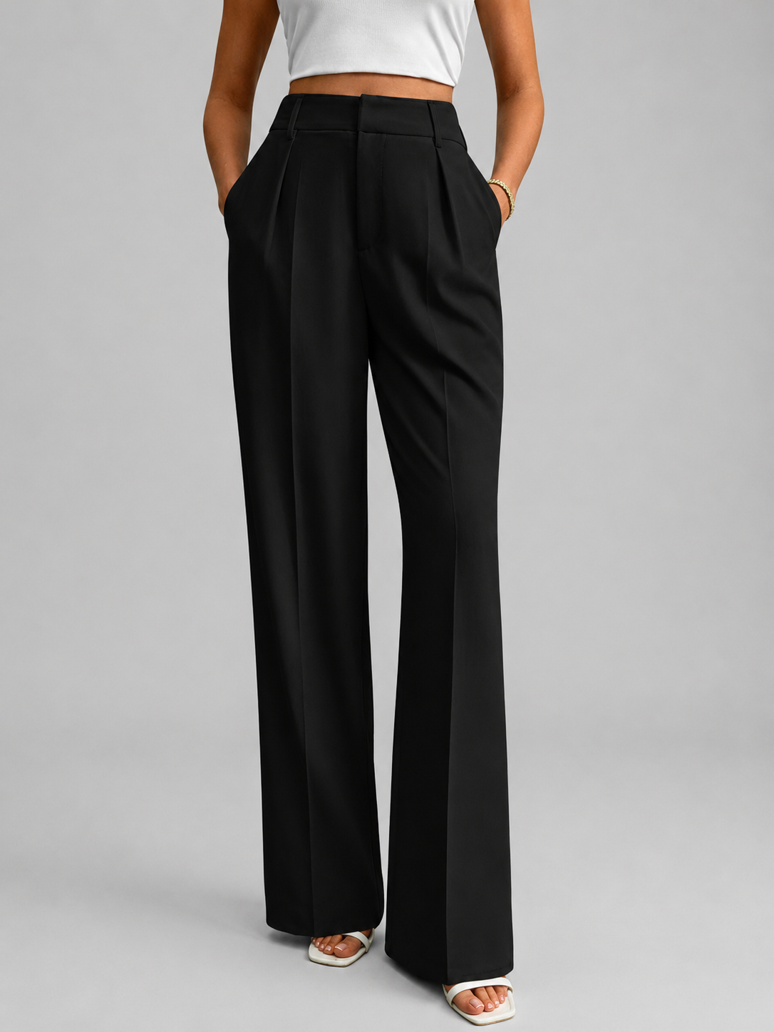 High-Waist Wide-Leg Work Trousers with Pleat Front