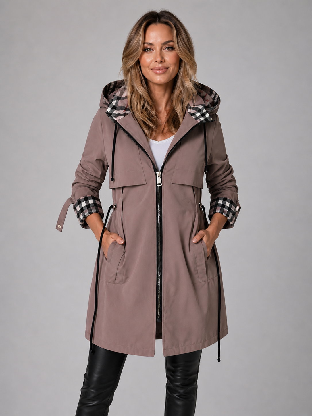 Hooded longline drawstring rain coat with a hooded design