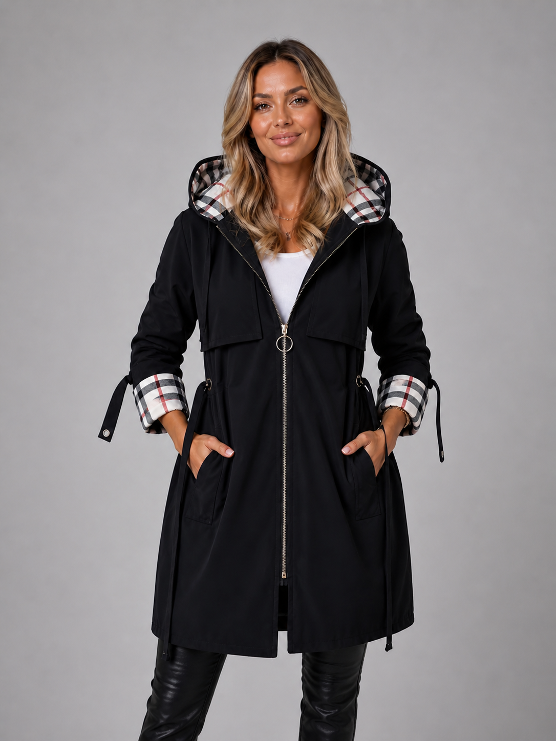 Hooded longline drawstring rain coat with a lightweight build