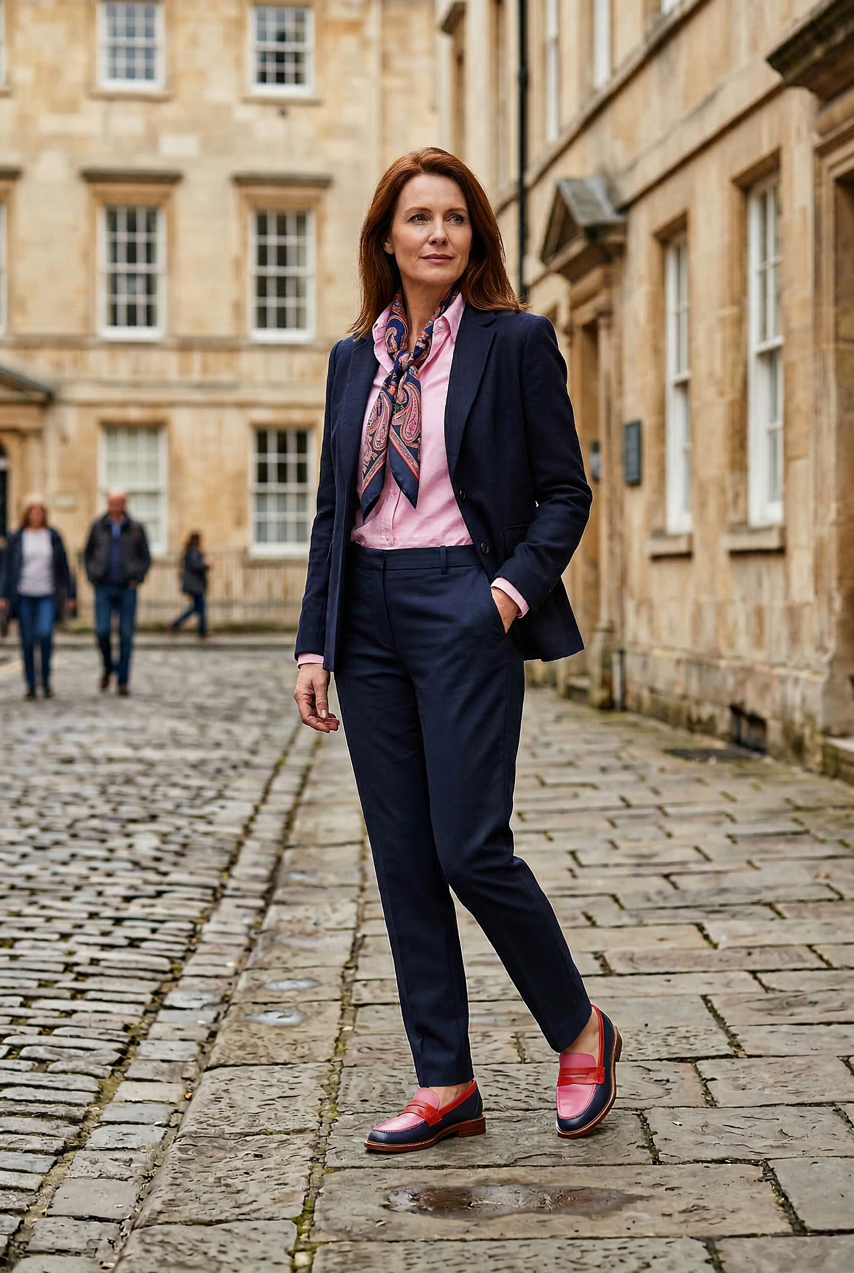 Women's penny strap two-tone loafers, styled for a casual occasion