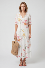 Women's boho print maxi dress with tie-neck tassels, front view