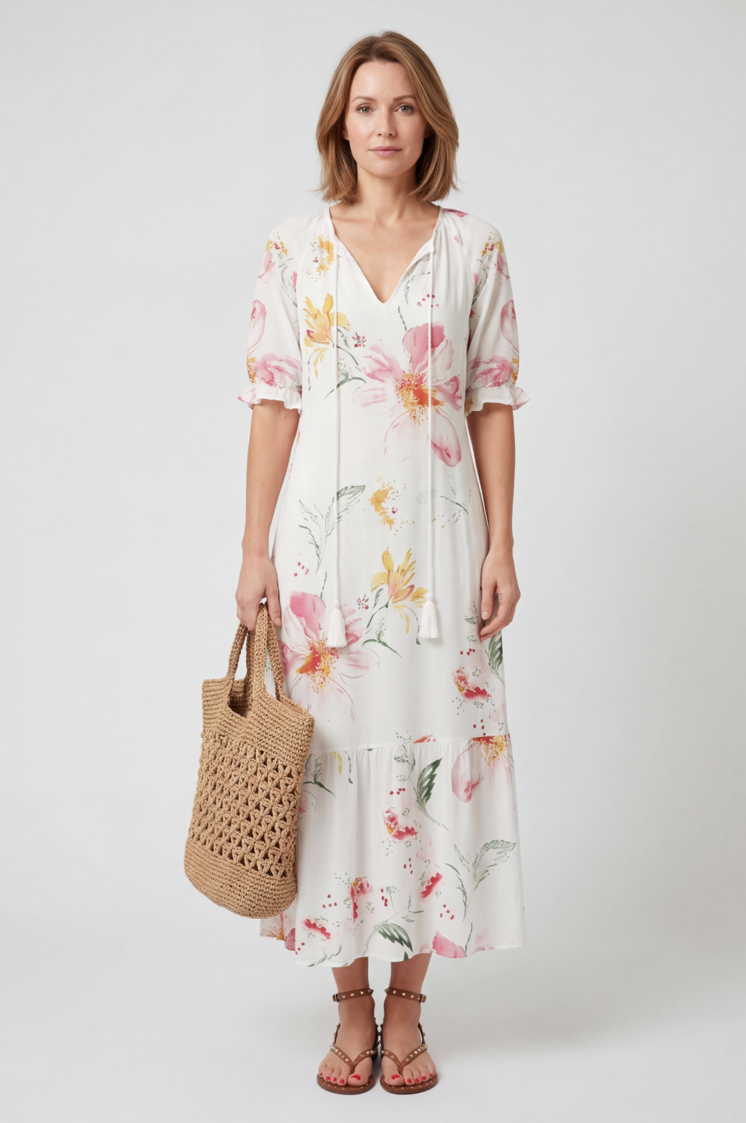 Women's boho print maxi dress with tie-neck tassels, front view