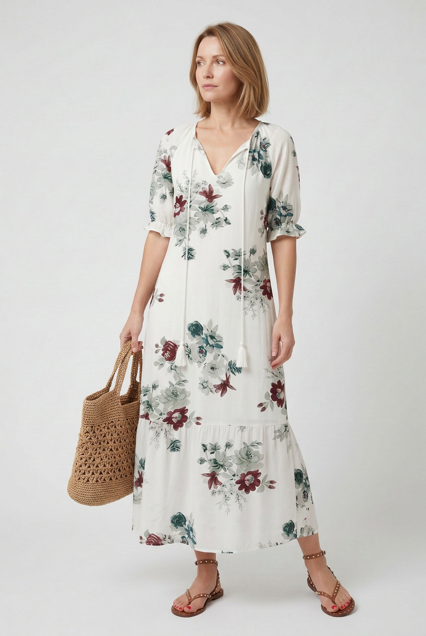 Women's tie-neck boho maxi dress, fourth colour option full length