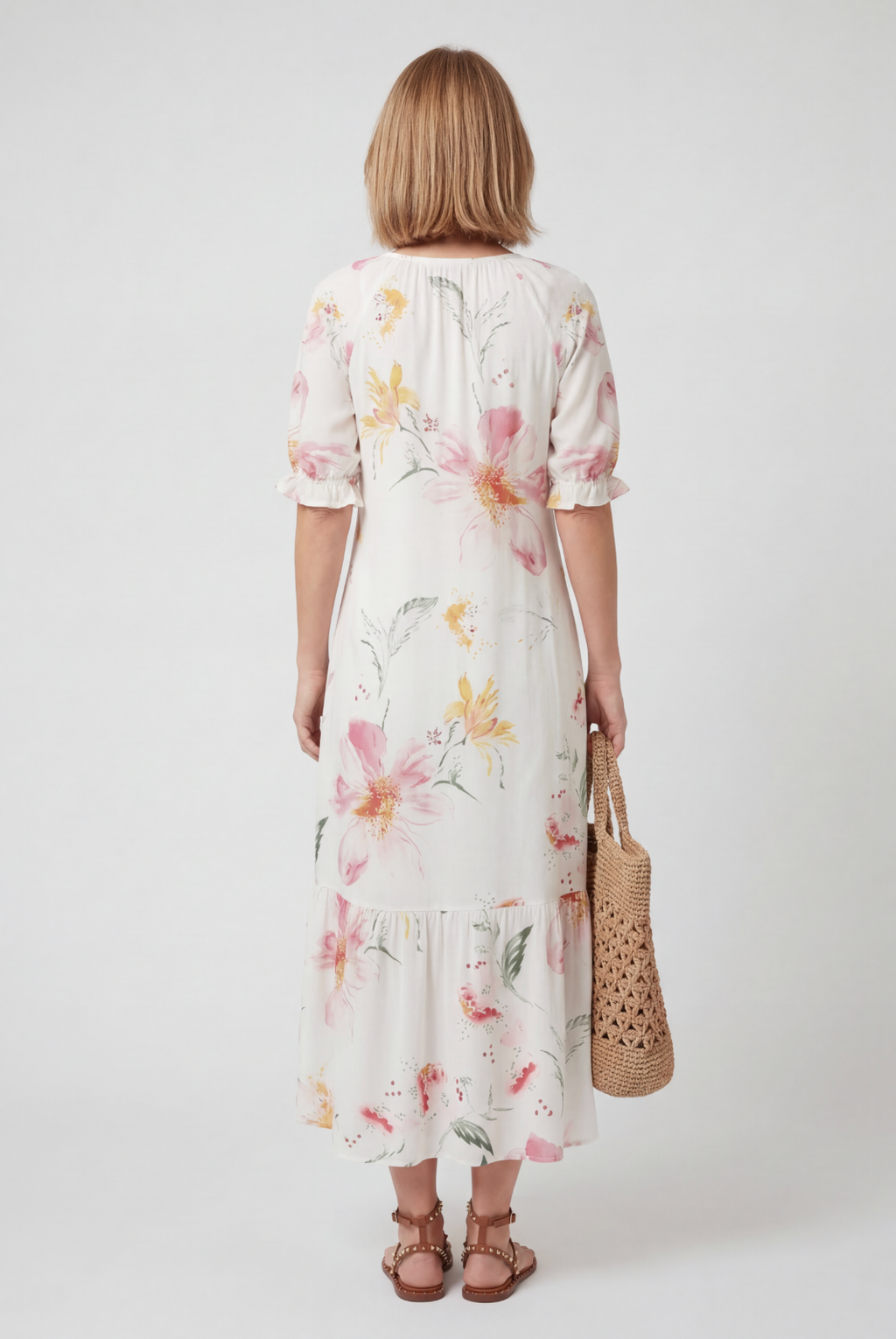 Women's tassel tie-neck boho maxi dress, side view