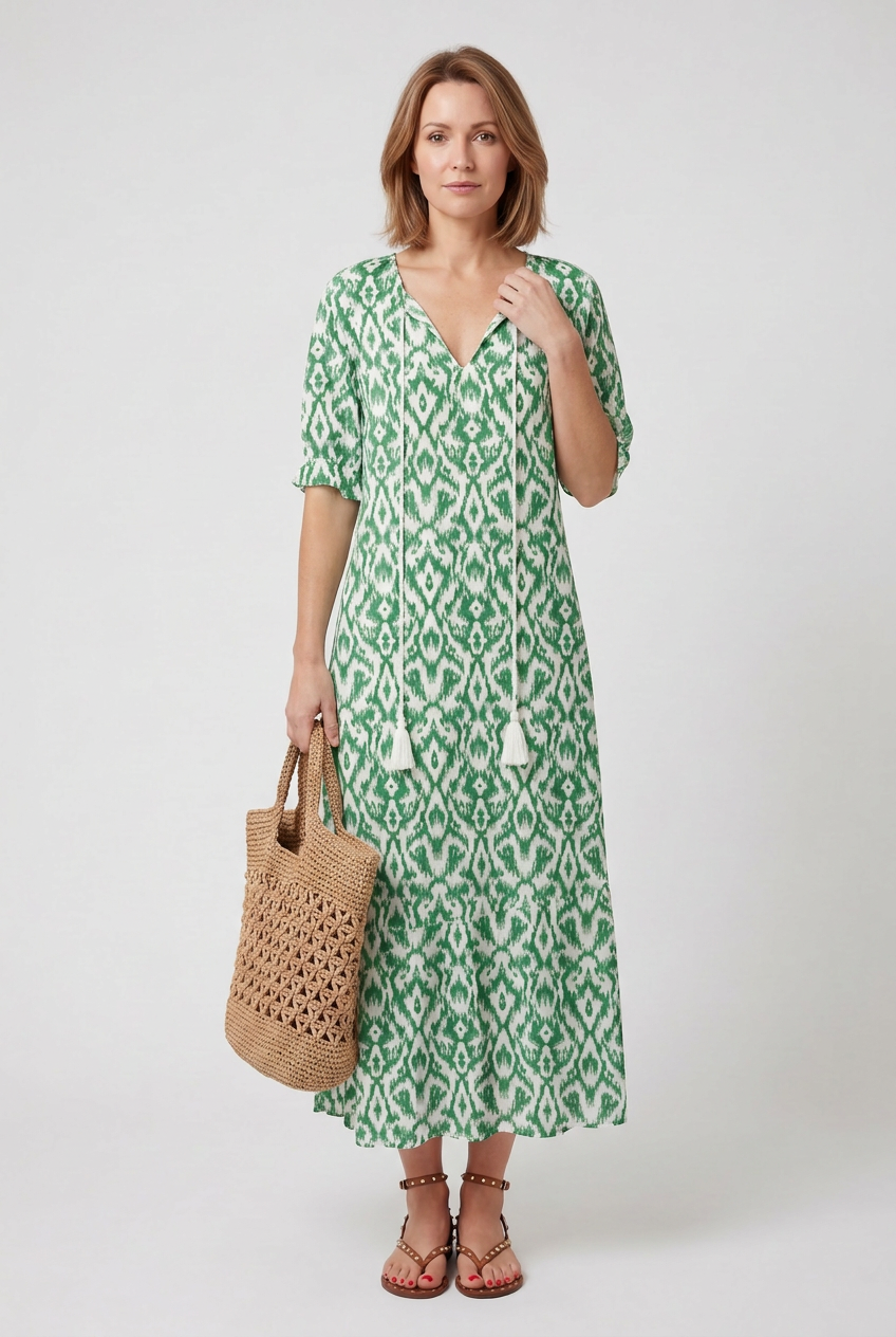 Women's tie-neck tassel maxi dress, full length front view