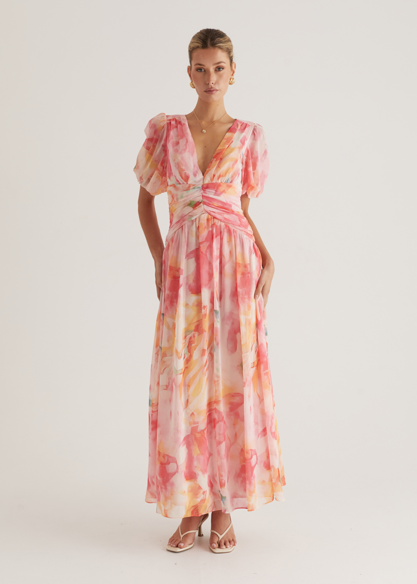 Women's floral maxi dress in cotton with flattering fit, front view