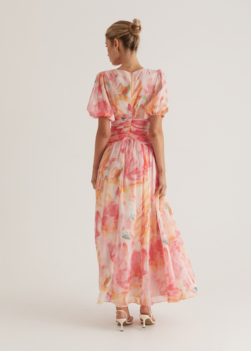 Women's casual floral maxi dress, fabric close-up
