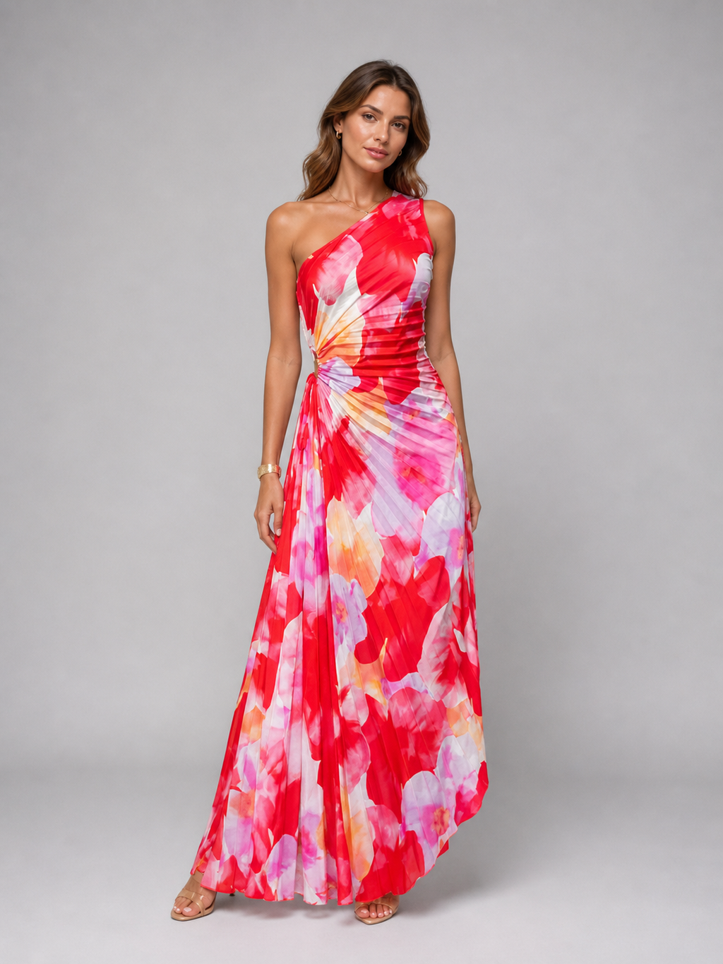 One-shoulder pleated floral maxi dress front view wedding guest