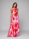 One-shoulder pleated floral maxi dress front view wedding guest