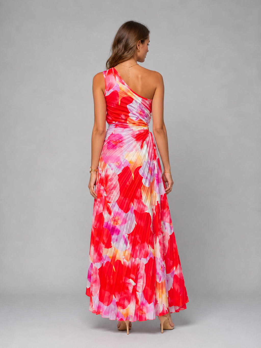 Pleated floral maxi dress back view full length
