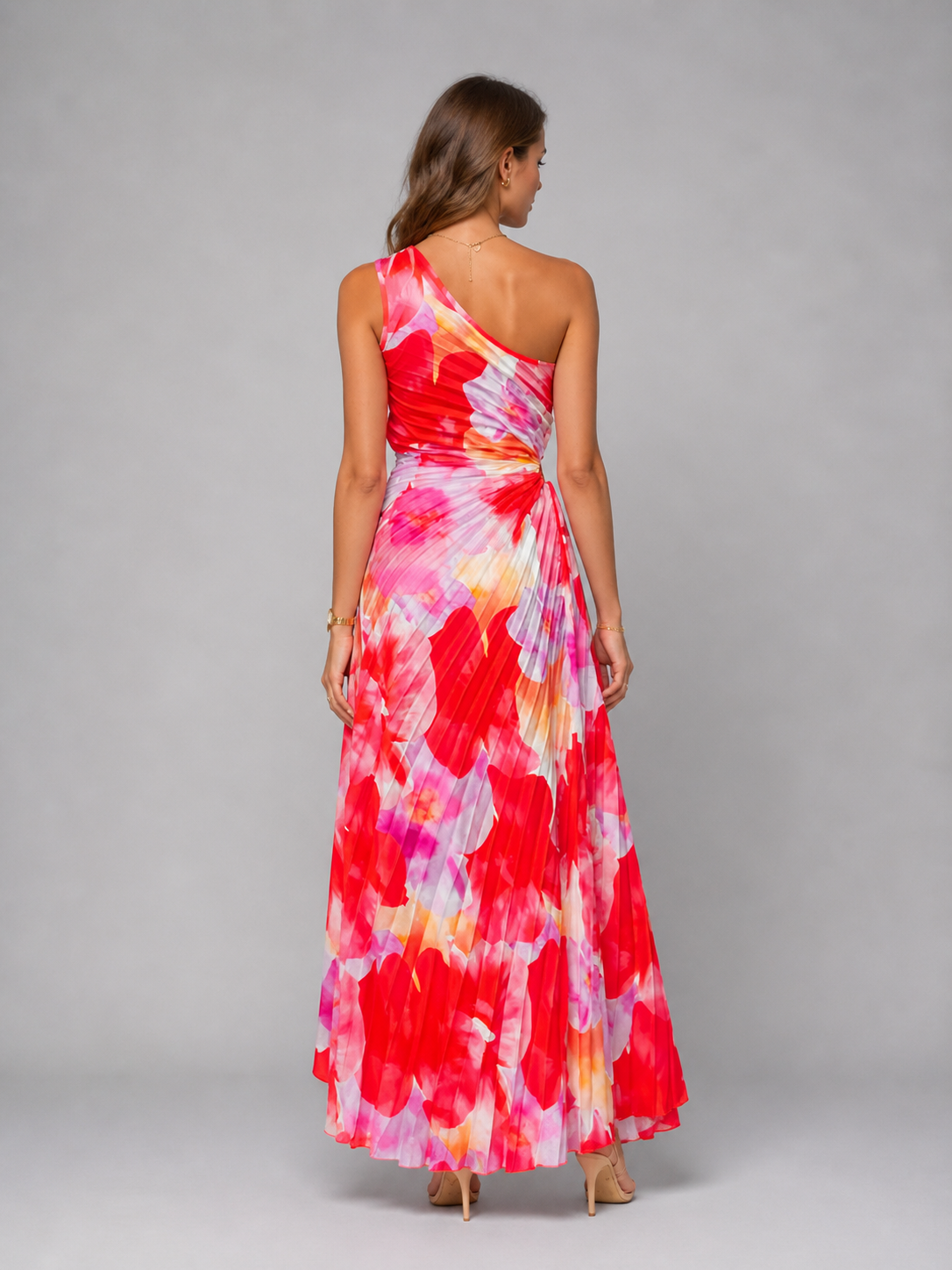Pleated floral maxi dress back view full length