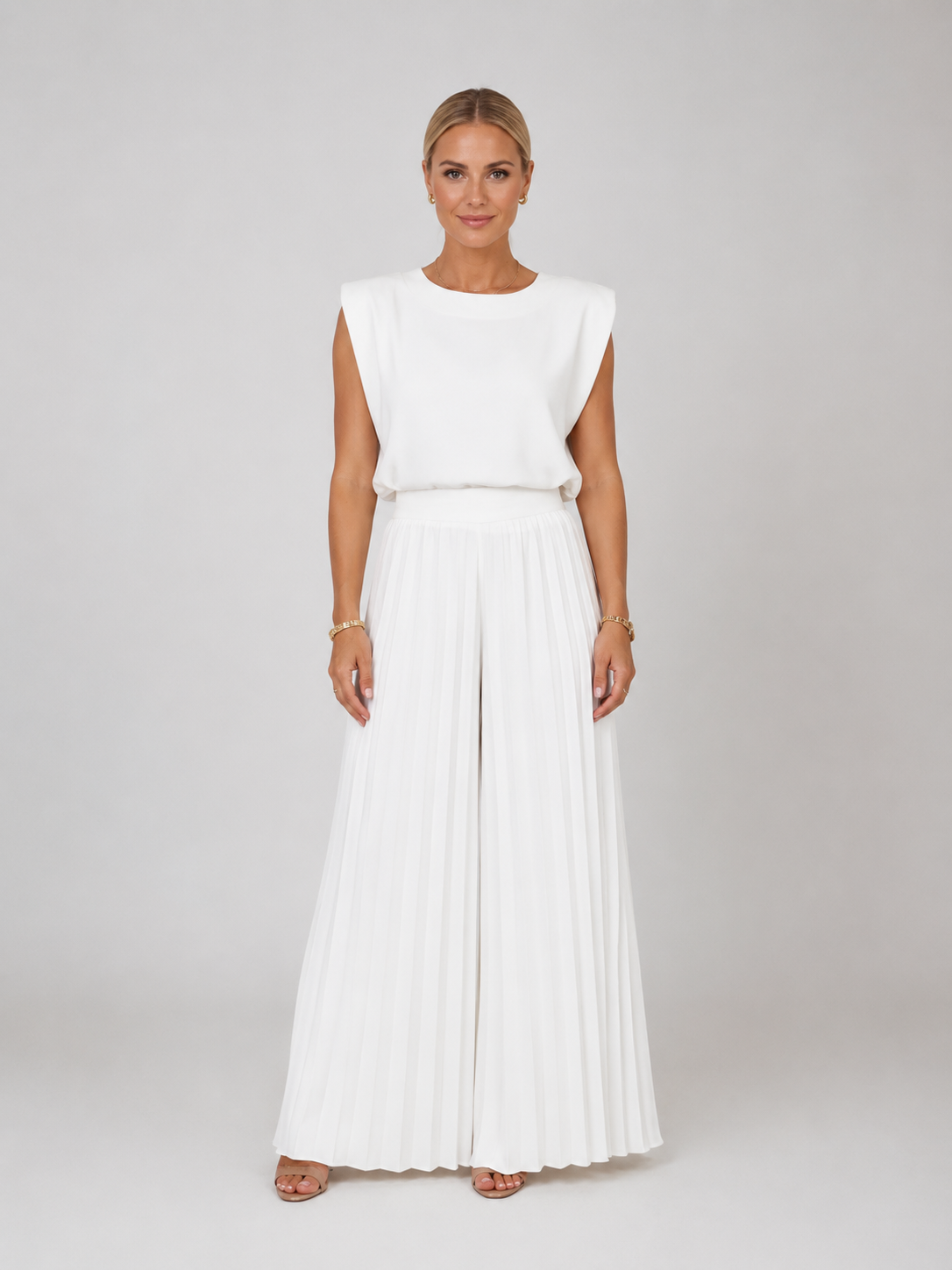 Women's pleated wide leg trouser set front view white