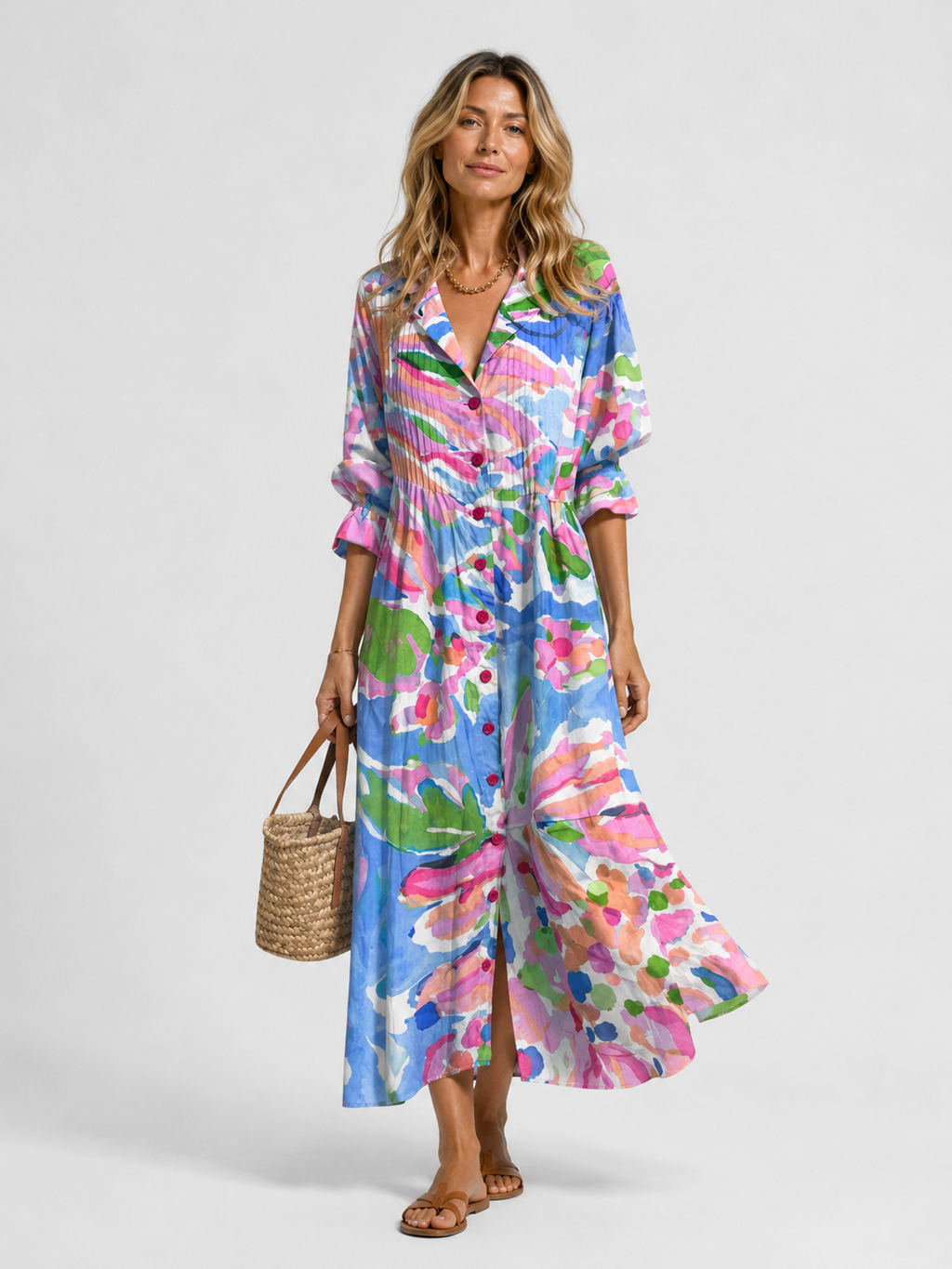 Printed shirt dress full length rear view
