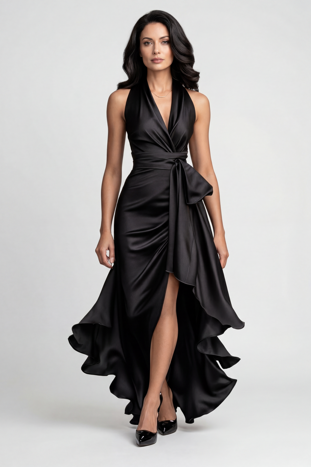Women's halter high-low ruffle hem prom dress, front view