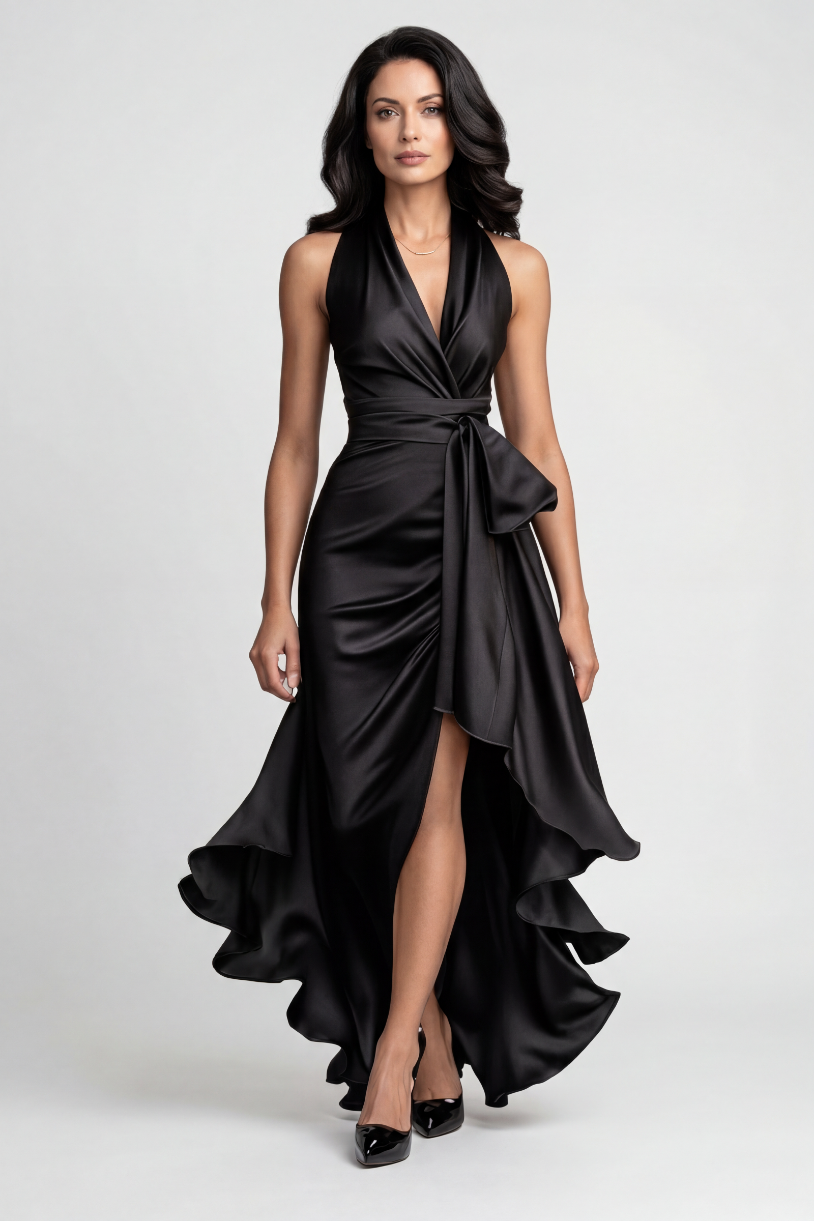 Women's halter high-low ruffle hem prom dress, front view