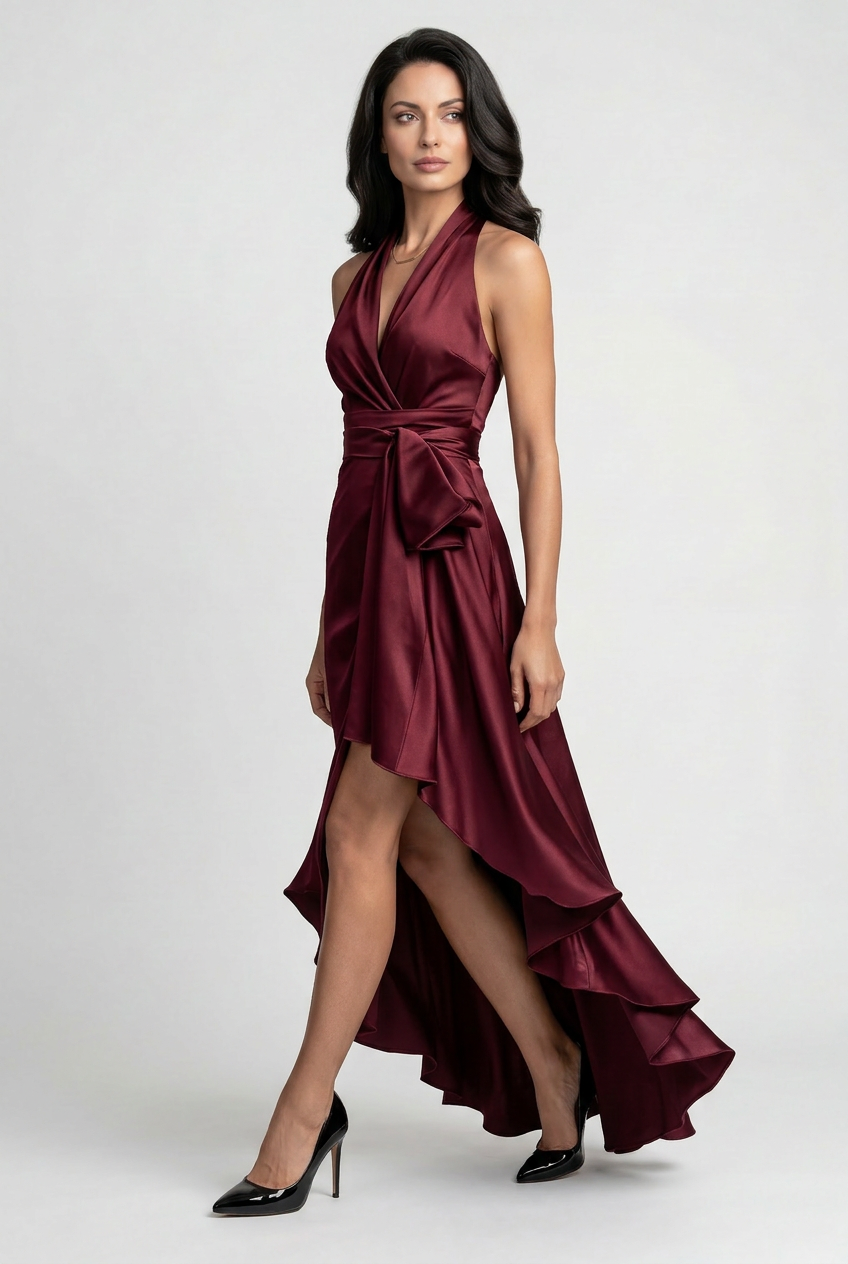 Cascading ruffle hem halter dress full length view