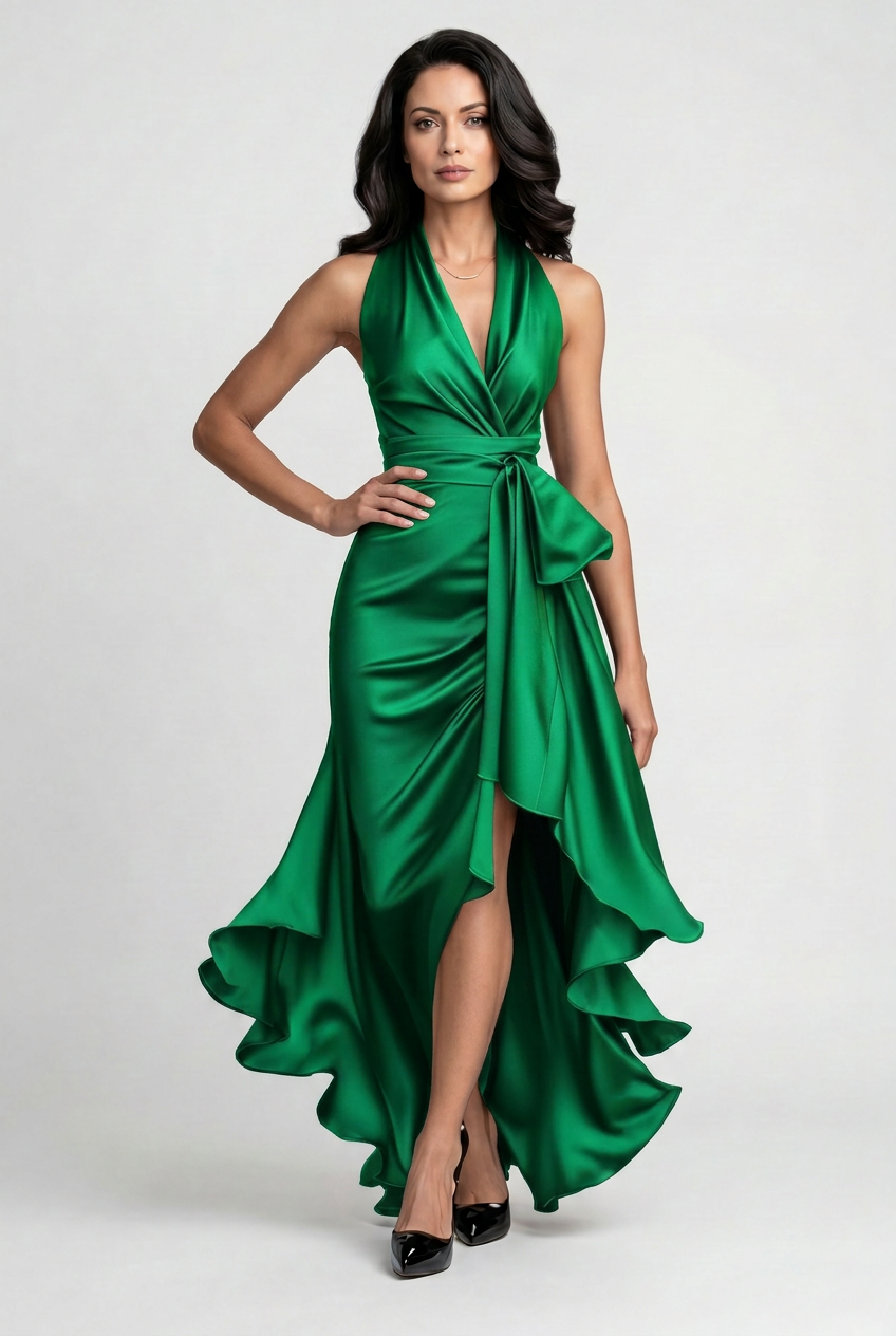 Halter prom dress high-low hem movement detail