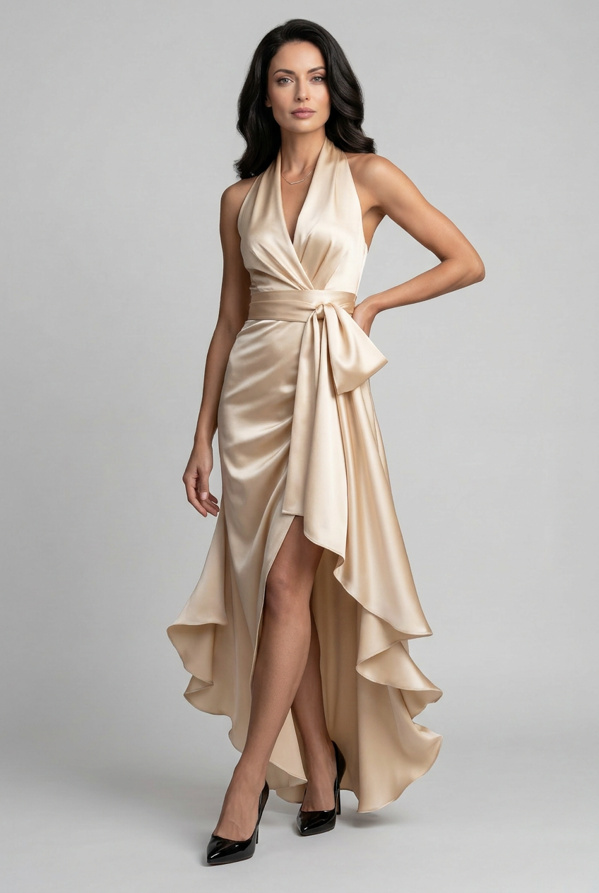 Women's formal halter dress styled for prom night