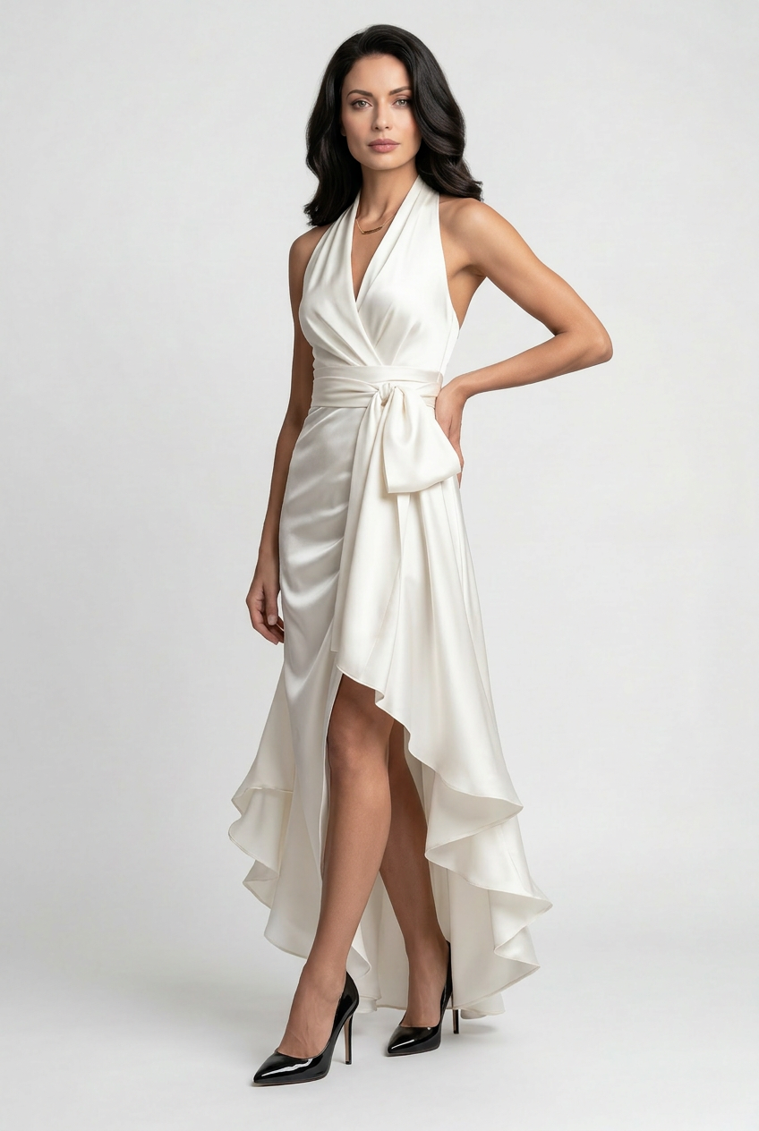Ruffle hem prom dress flowing fabric close-up