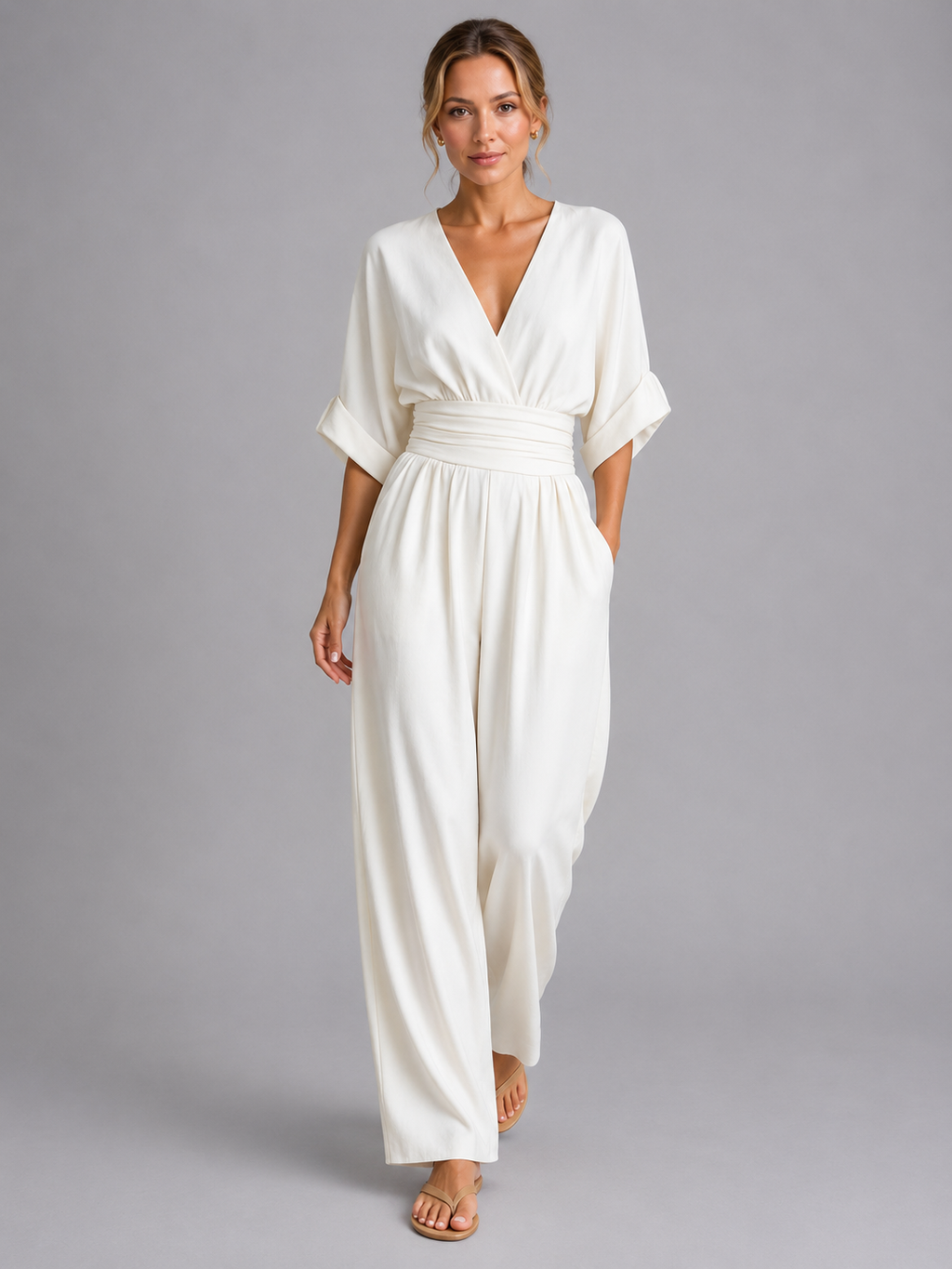 Women's wide-leg jumpsuit front view white cinched waist