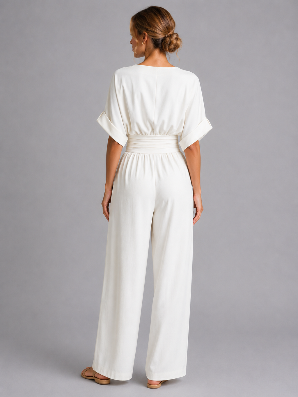 Wide-leg jumpsuit full length rear view white