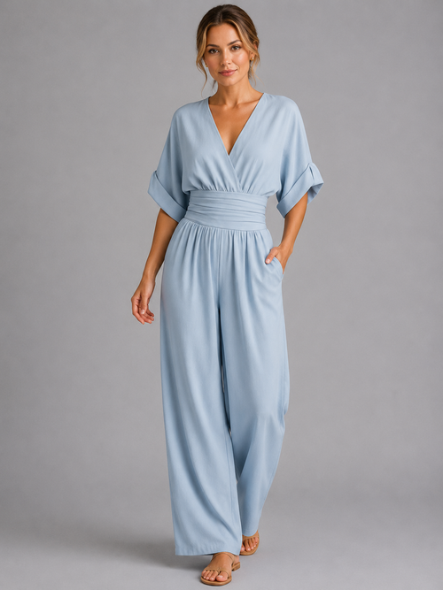 Cinched waist wide-leg jumpsuit, back view full length
