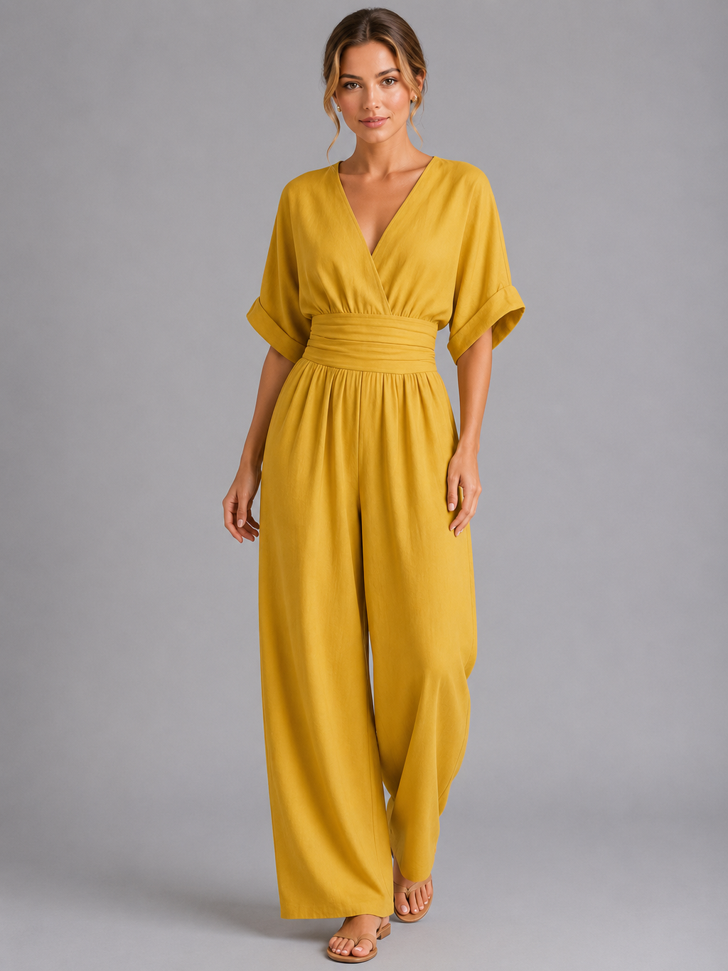Cinched waist jumpsuit side profile flowing legs