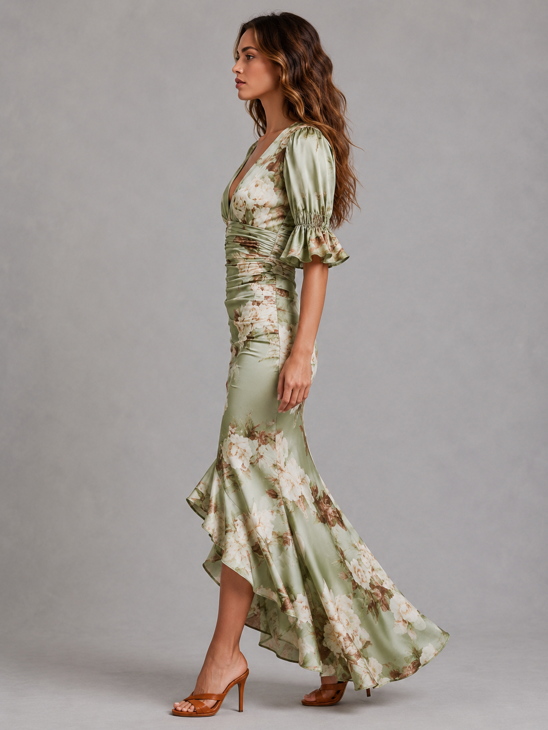 Ruched waist detail close-up satin floral maxi dress