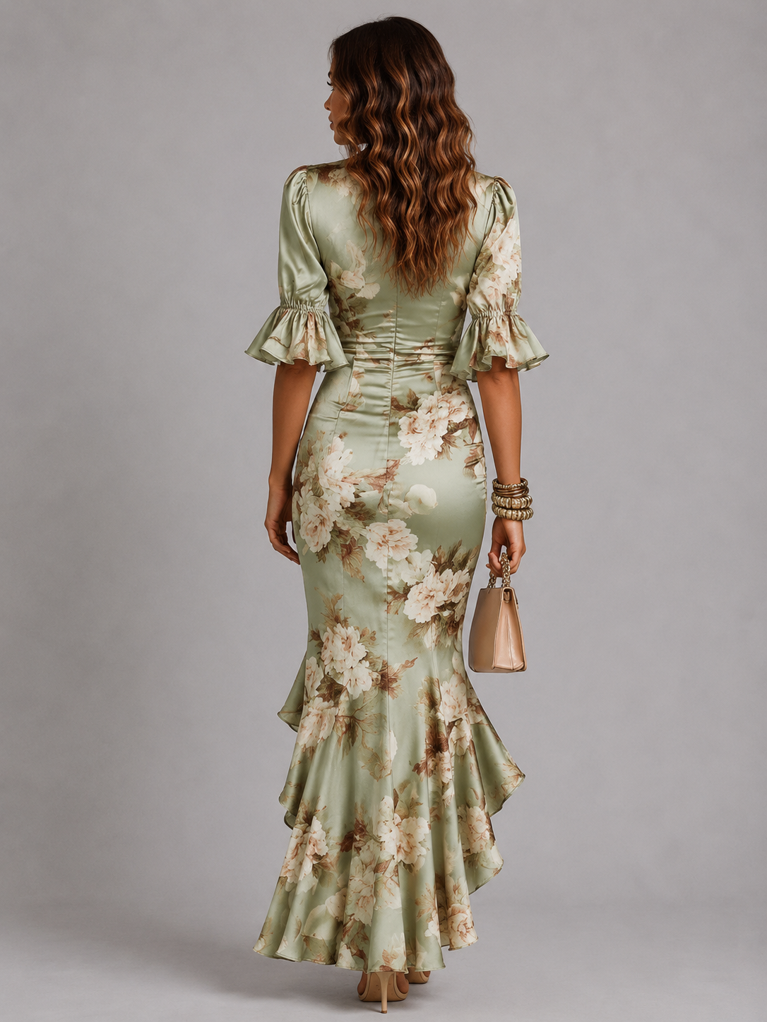 Green floral maxi dress lifestyle shot summer occasion