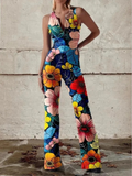 Multicolour floral print denim jumpsuit, front view