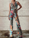 Multicolour leopard print denim jumpsuit, front view