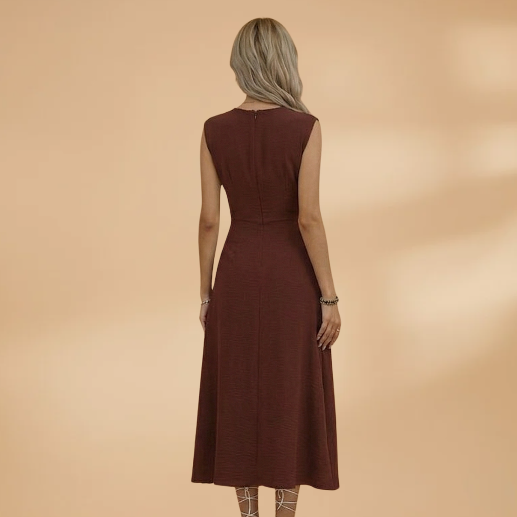 Side view of women's sleeveless round neck maxi dress