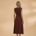 Side view of women's sleeveless round neck maxi dress