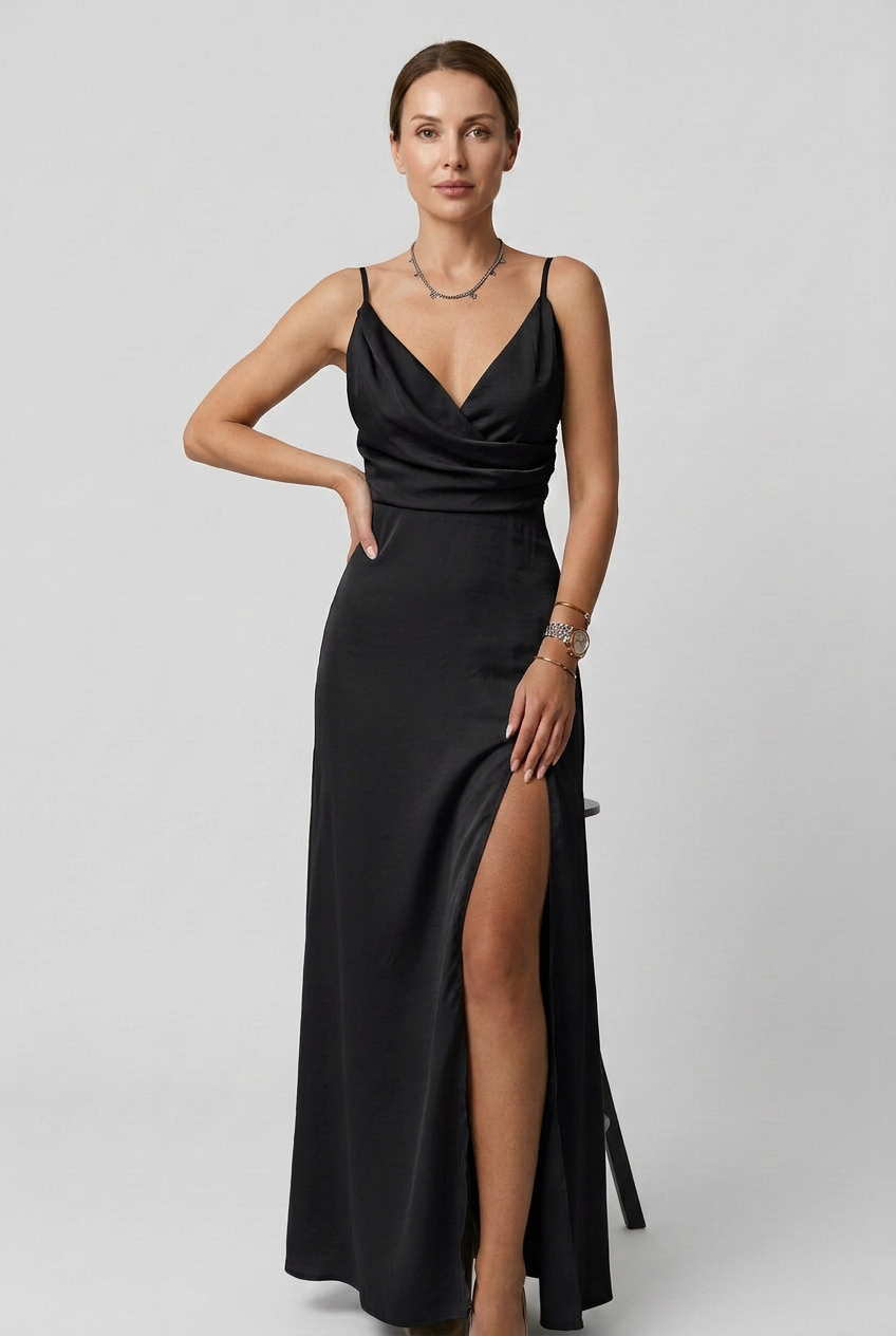 Women's high slit maxi dress full length view