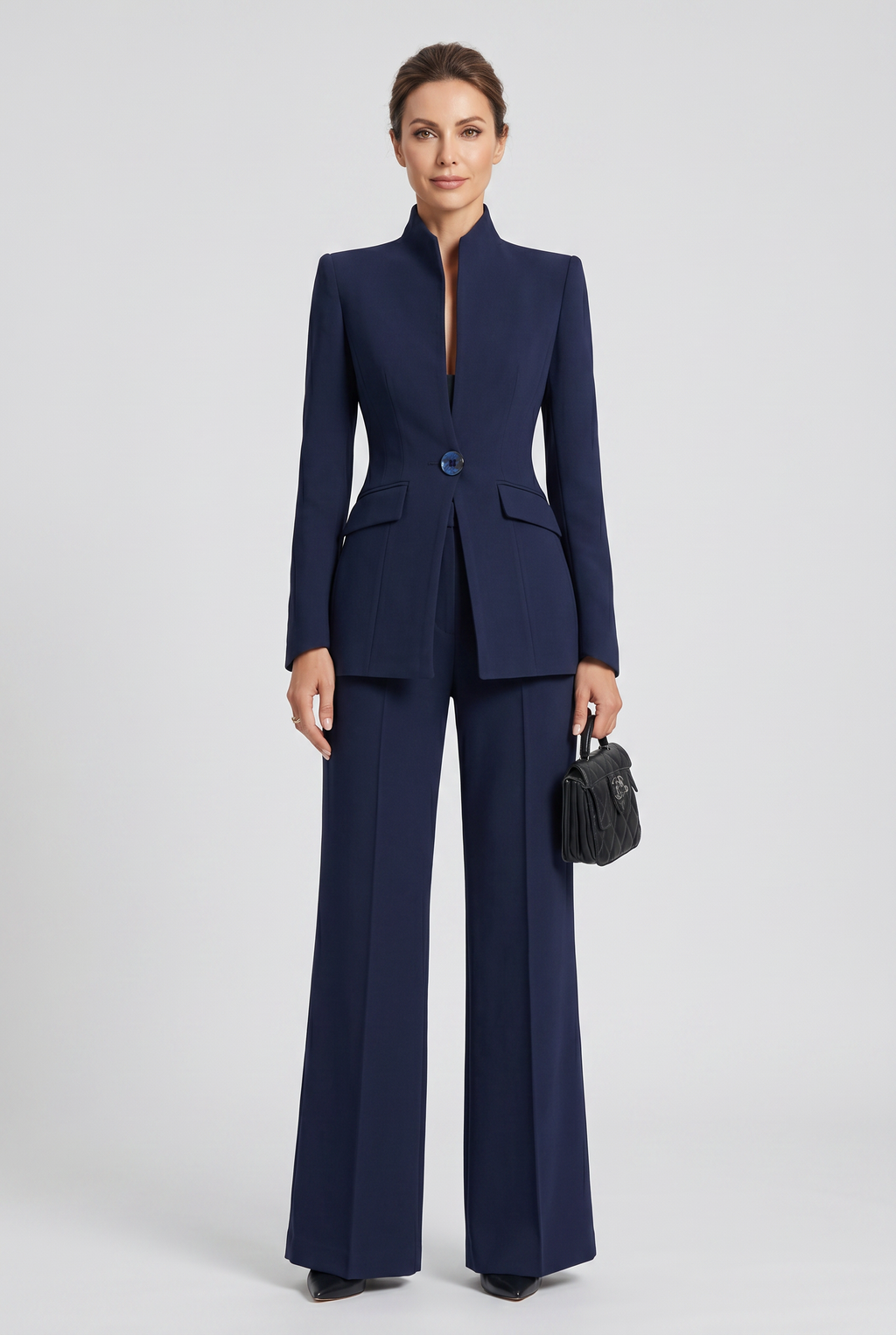 Navy Blue high-neck wide-leg co-ord suit set, front view