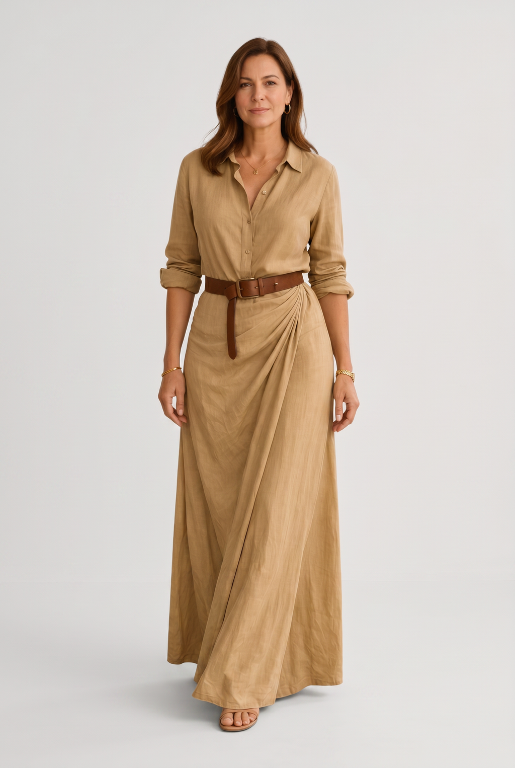 Khaki Printed Maxi Shirt Dress, front view